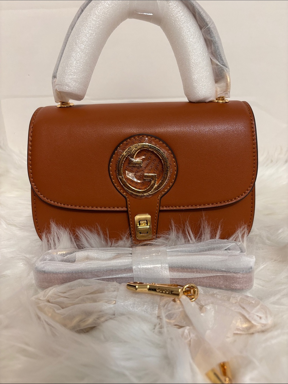 Brown Leather Top-Handle Crossbody Bag with Gold Accent